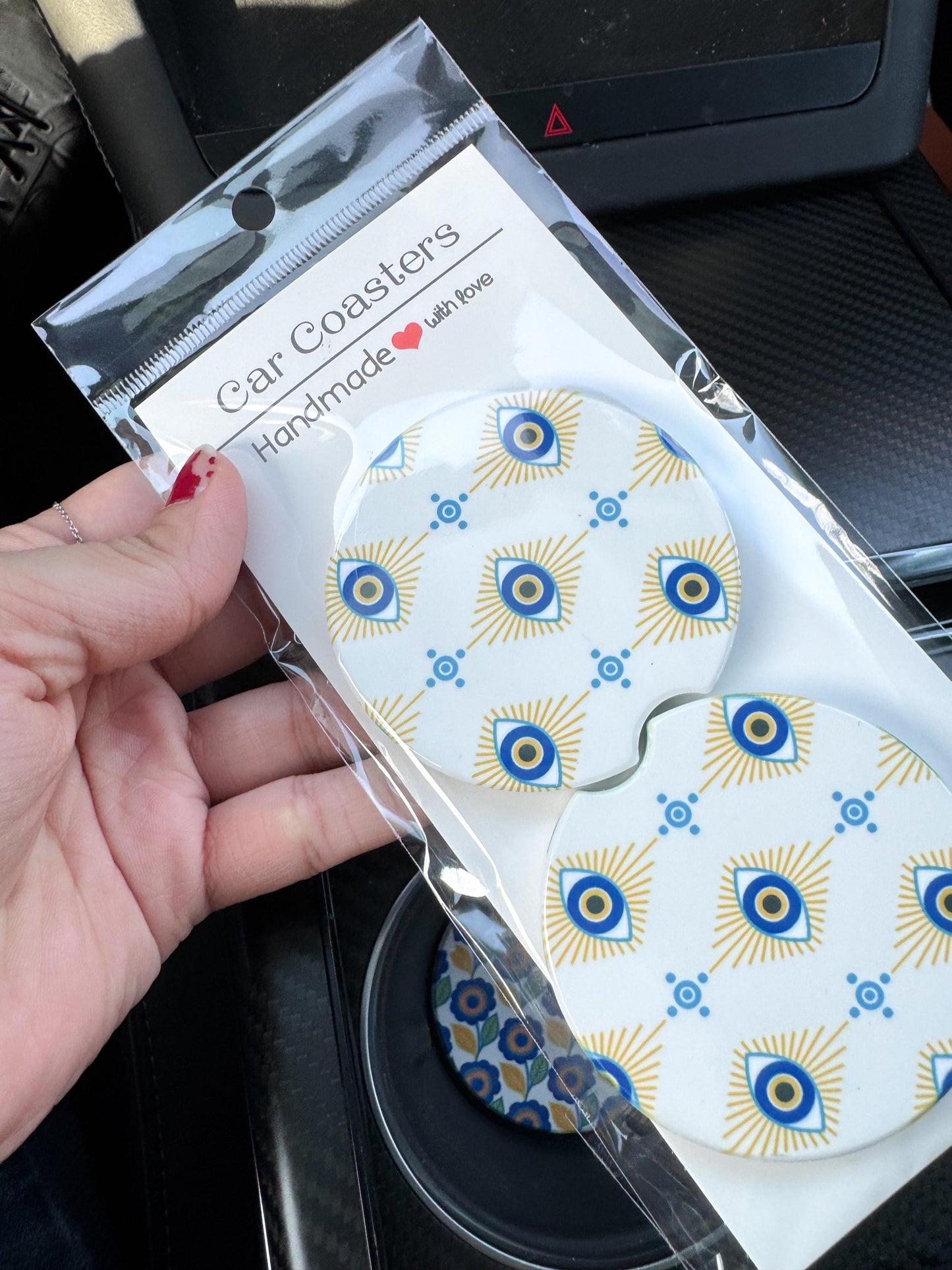 Handmade Ceramic Car Coasters: Evil Eye Mandala Design, Set of 2