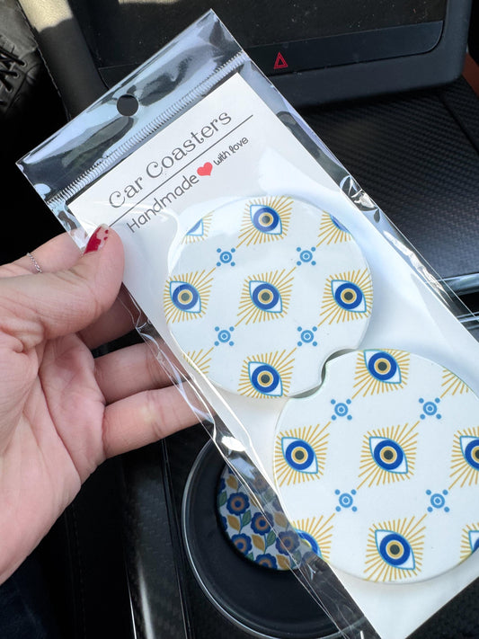 Handmade Ceramic Car Coasters: Evil Eye Mandala Design, Set of 2
