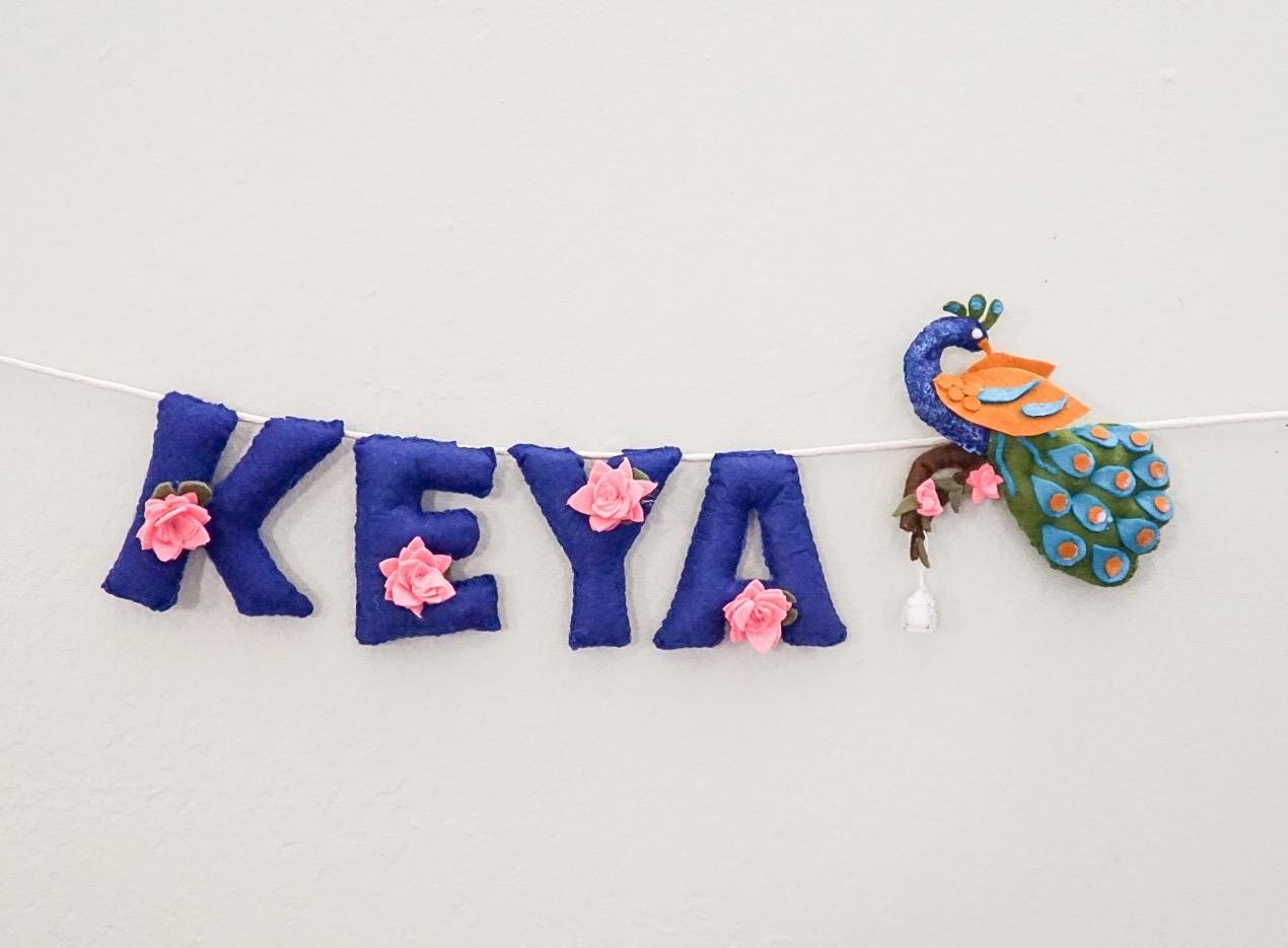 Personalized Felt Name Banner: Peacock & Lotus Nursery Decor