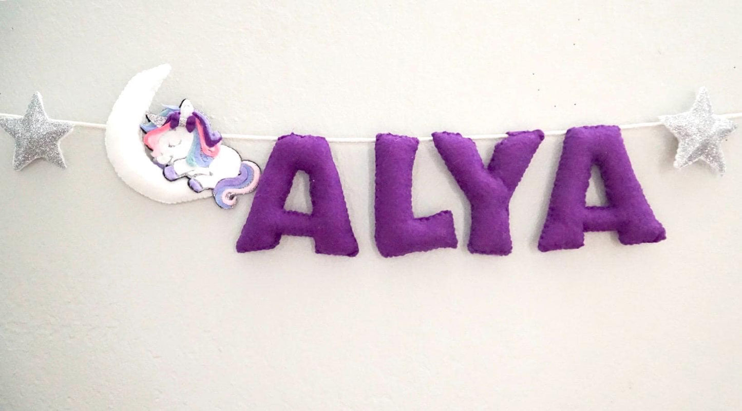 Personalized Felt Name Banner for Girls – Unicorn Nursery Decor, Custom Name Garland, Baby Shower Gift, Moon & Stars wall hanging