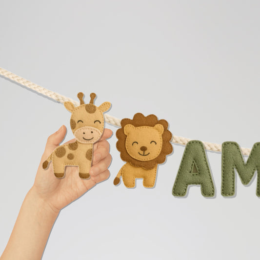 Safari Animal Name Garland – Personalized Felt Letters Banner, Jungle Nursery Décor, Custom Baby Shower Gift, Handmade Safari Room Decor