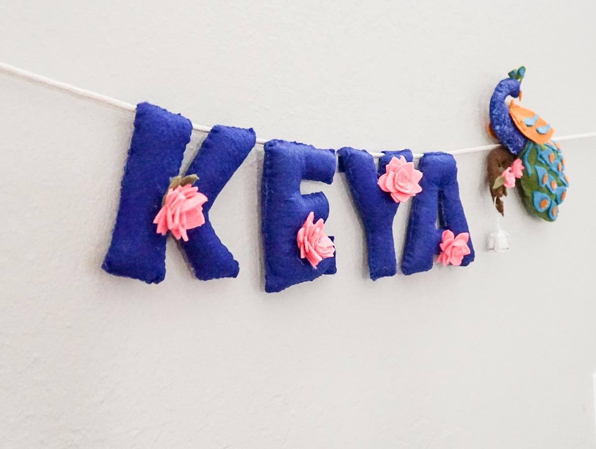Personalized Felt Name Banner: Peacock & Lotus Nursery Decor