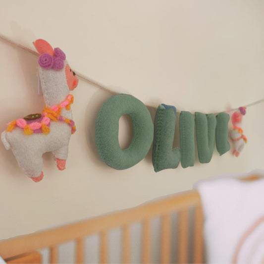 Custom Felt Name Garland – Llama Nursery Banner – Personalized Plush Letters – Boho Baby Shower Gift – Handmade Felt Decor