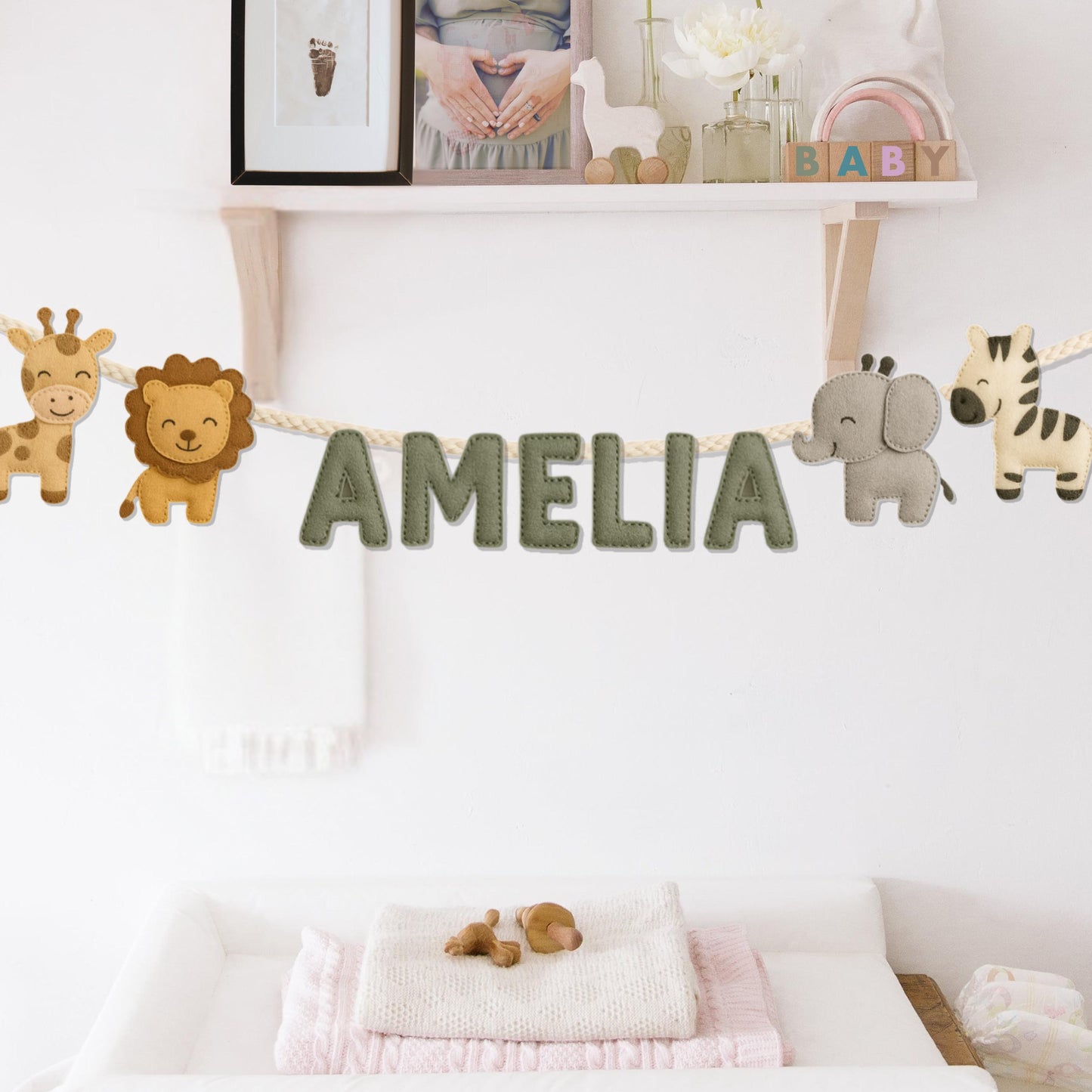 Safari Animal Name Garland – Personalized Felt Letters Banner, Jungle Nursery Décor, Custom Baby Shower Gift, Handmade Safari Room Decor