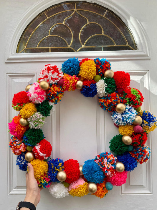 Anthropologie inspired Vibrant Christmas Pom-Pom Wreath with Gold Accents