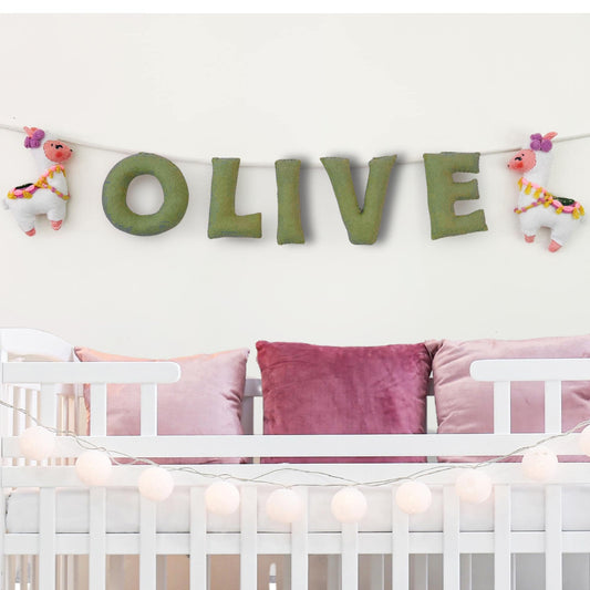 Custom Felt Name Garland – Llama Nursery Banner – Personalized Plush Letters – Boho Baby Shower Gift – Handmade Felt Decor