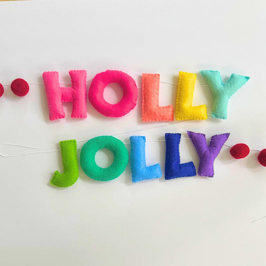 Holly Jolly Christmas Banner | Colorful Handmade Holiday Decoration for Fireplace Mantel, Wall, or Party