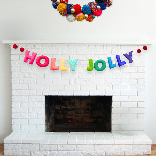 Holly Jolly Christmas Banner | Colorful Handmade Holiday Decoration for Fireplace Mantel, Wall, or Party