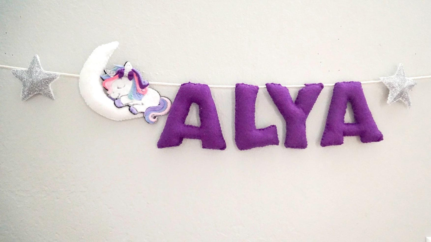 Personalized Felt Name Banner for Girls – Unicorn Nursery Decor, Custom Name Garland, Baby Shower Gift, Moon & Stars wall hanging