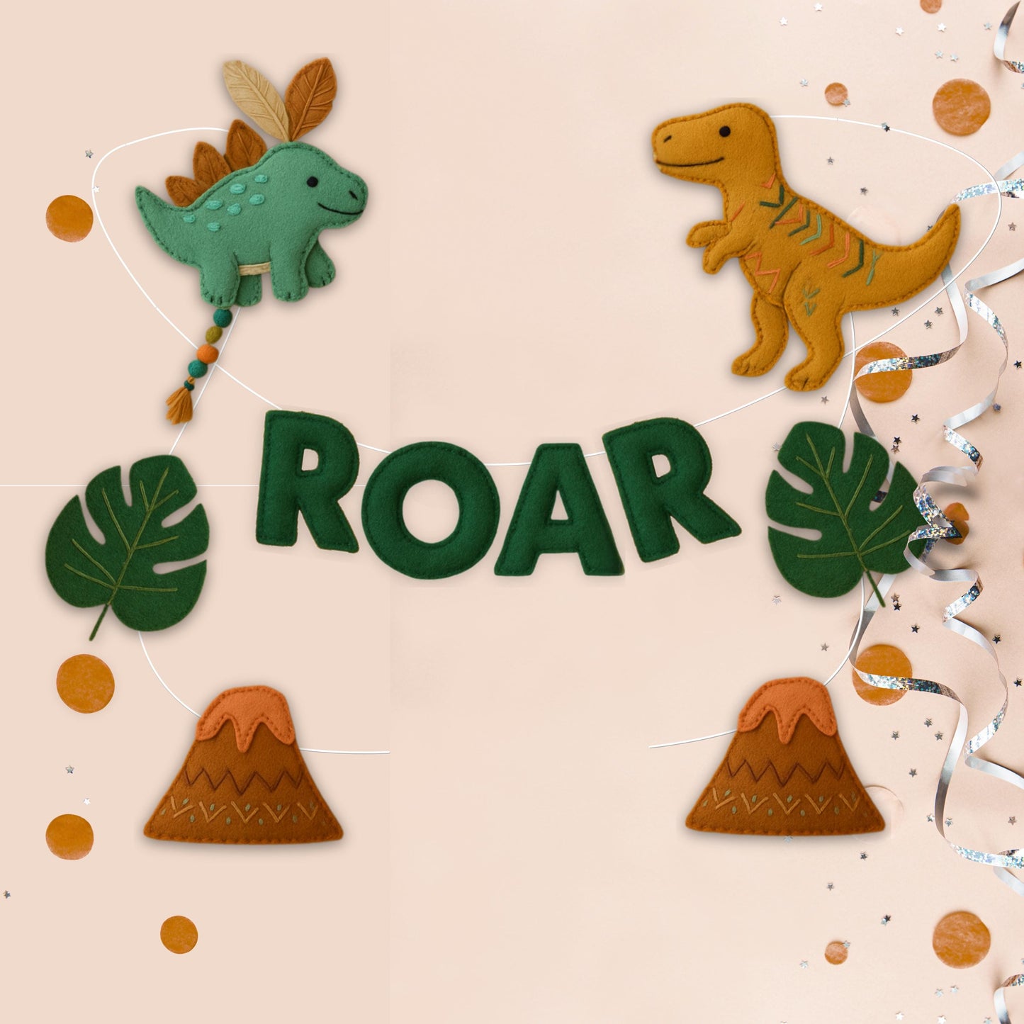 Personalize your Dino Garland - Dinosaur Nursery Banner- volcanoes , monstera leaves, embroidered T-rex and Stegosaurus