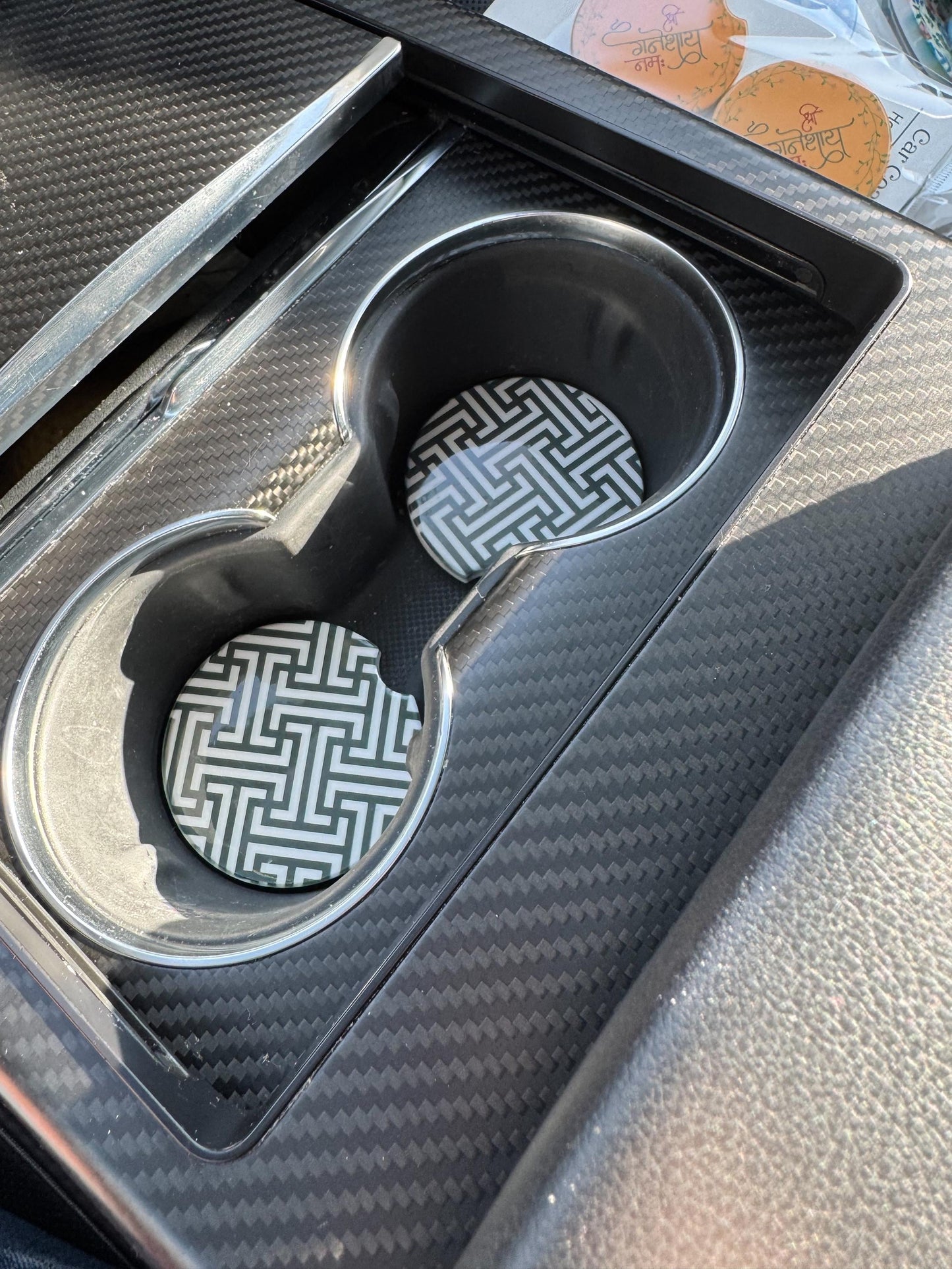 Geometric Car Coasters: Absorbent Ceramic, Black and White - Set of 2