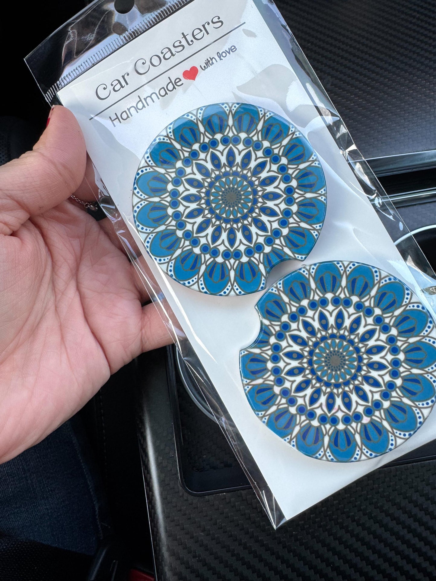 Handmade Ceramic Car Coasters: Evil Eye Mandala Design, Set of 2