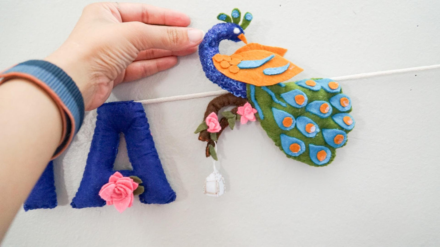Personalized Felt Name Banner: Peacock & Lotus Nursery Decor