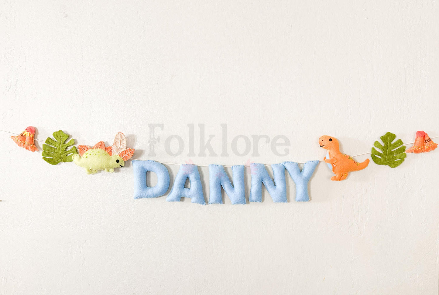 Personalize your Dino Garland - Dinosaur Nursery Banner- volcanoes , monstera leaves, embroidered T-rex and Stegosaurus