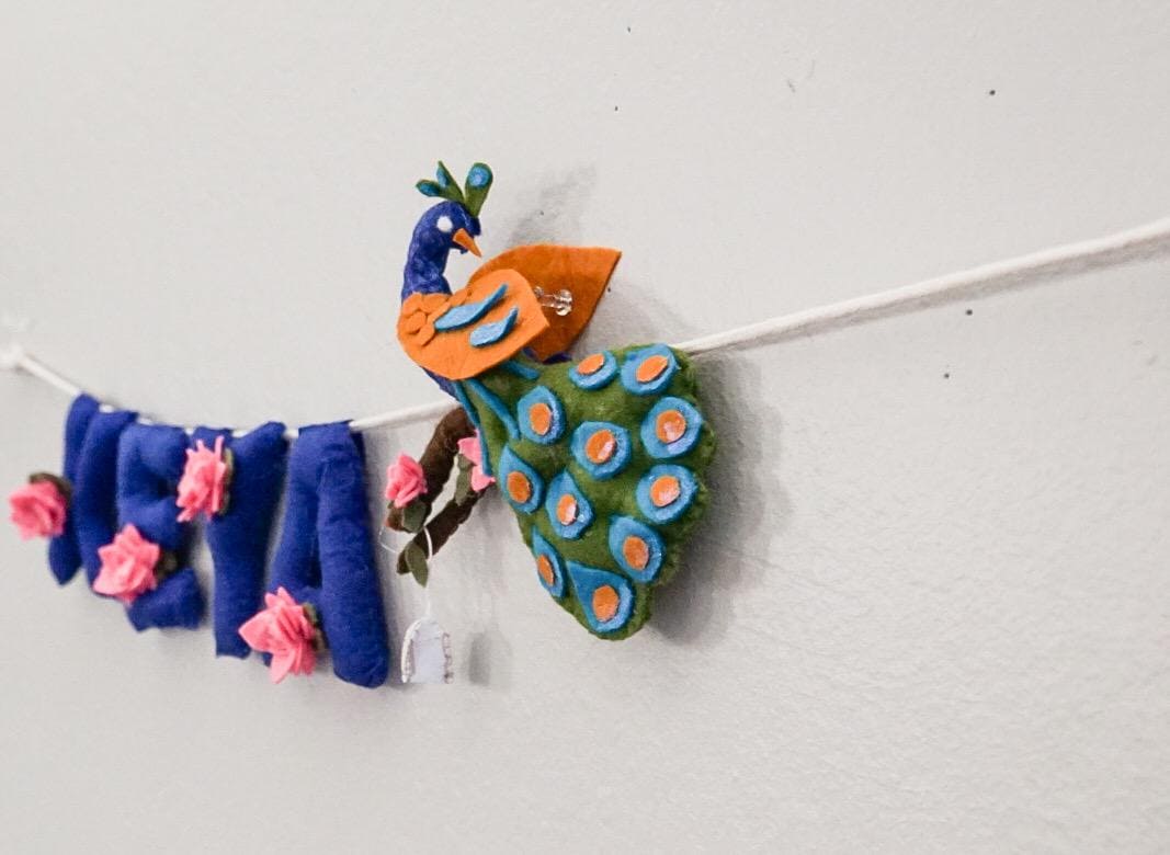 Personalized Felt Name Banner: Peacock & Lotus Nursery Decor