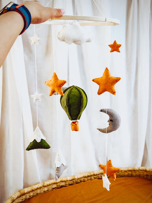 Personalized Mobile – Hot Air Balloon, Airplane, Mountains, Moon & Stars | Handmade Nursery Decor| Woodland crib Mobile| Baby Shower Gifts