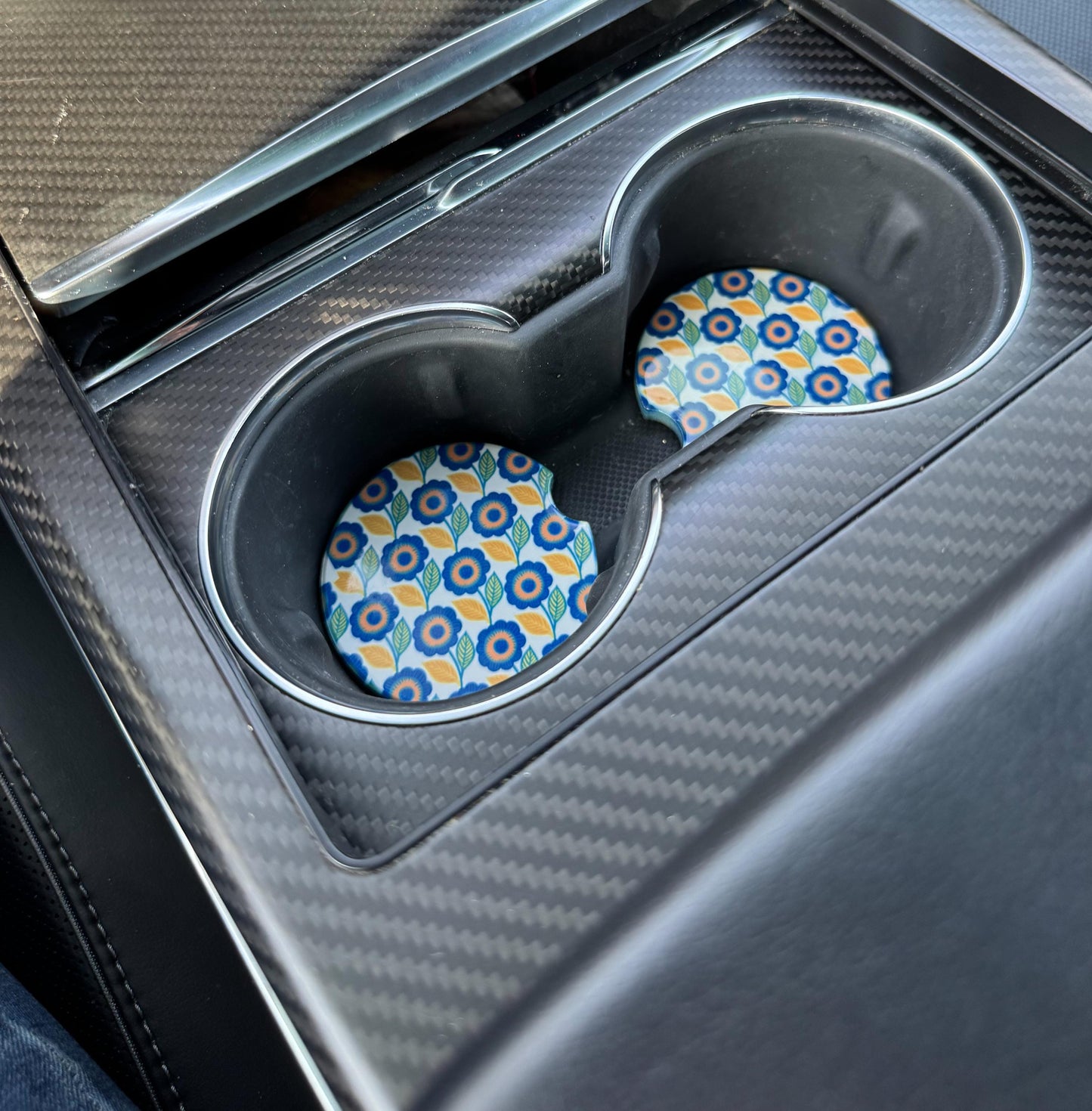 Floral Ceramic Car Coasters: Absorbent Ditsy Print, Set of 2